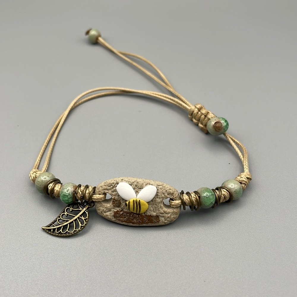 Ceramic Bee Charm Bracelet with Green Accents